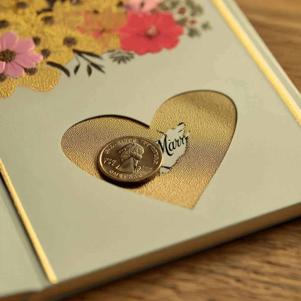 Romantic scratch-off card tucked in final pages with proposal message